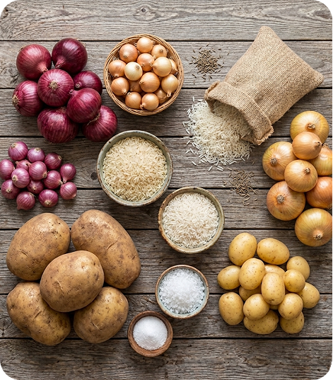 Onion, rice, potato and salt export products arranged on a wooden table