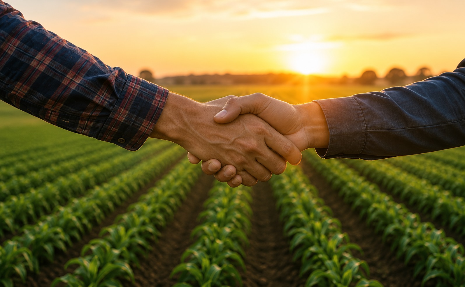 Handshake over an agricultural field at sunrise